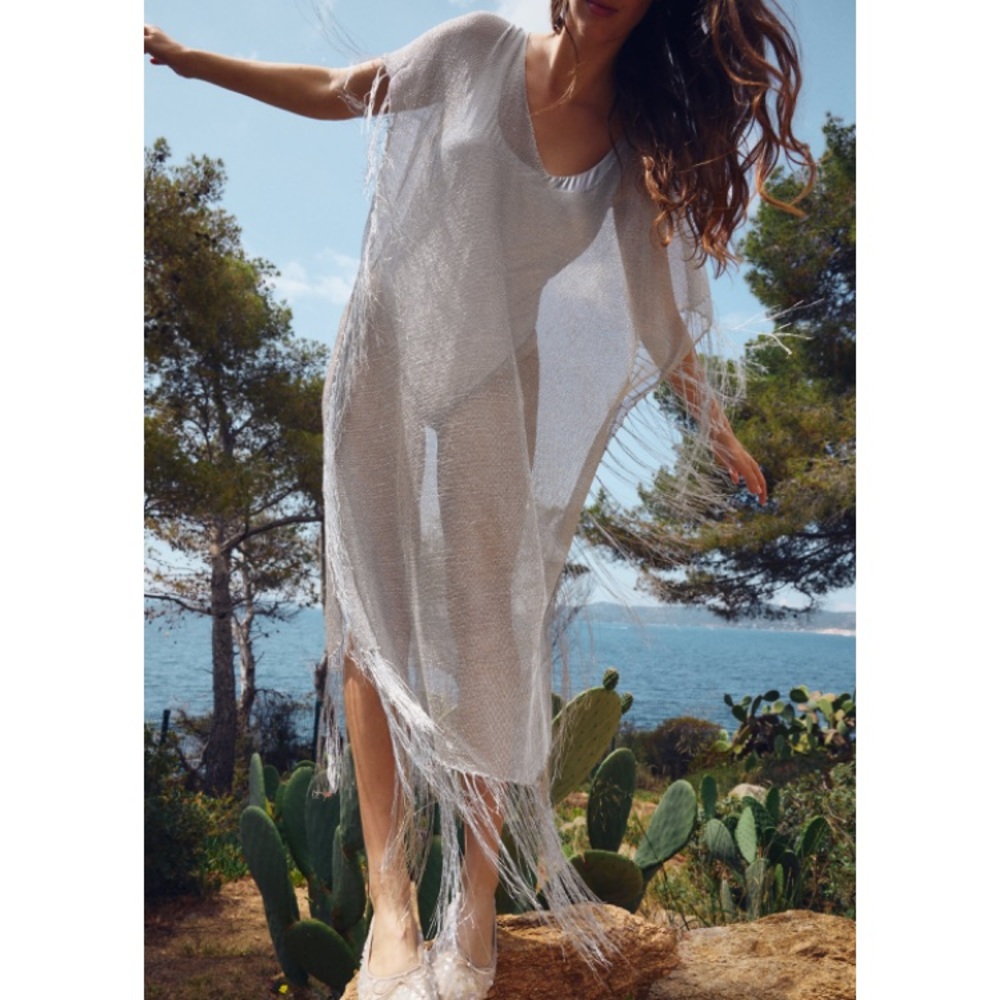NWT Zara Fringed metallic thread kaftan dress. Silver, see through. Size medium